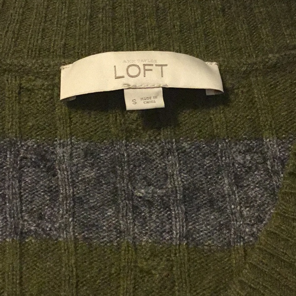 Loft London Green and Grey Striped V+Neck Sweater